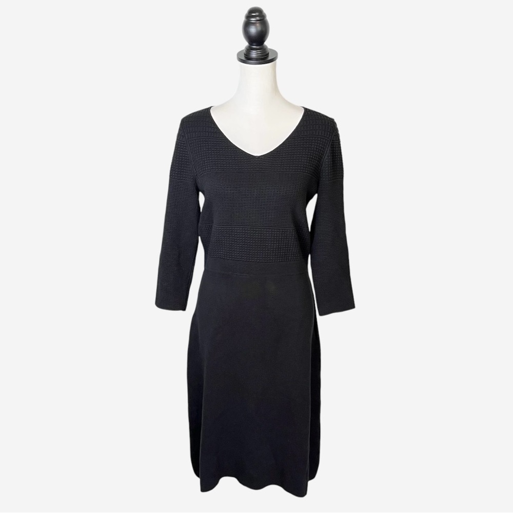 NWT Talbots Mixed Stitch Sweater Dress Black V-Neck 3/4 Sleeve A-Line • Size M